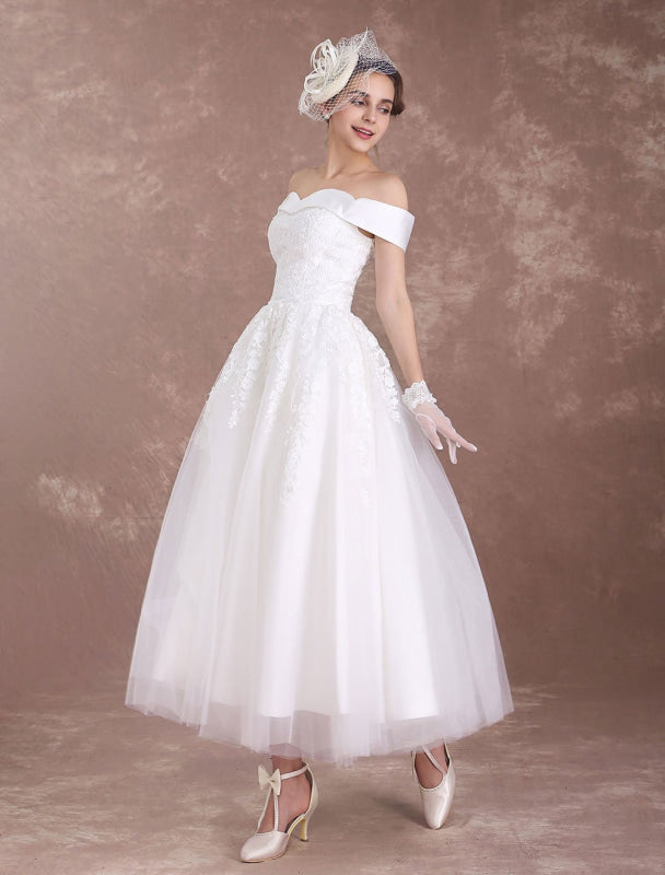 Short Wedding Dresses Off The Shoulder Vintage Bridal Dress 1950'S Lace Applique Tulle Tea Length Ivory Wedding Reception Dress