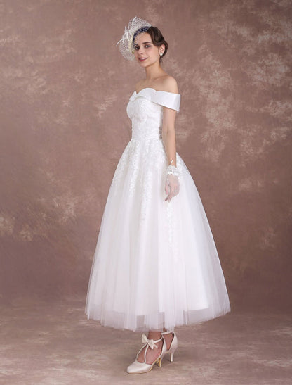 Short Wedding Dresses Off The Shoulder Vintage Bridal Dress 1950'S Lace Applique Tulle Tea Length Ivory Wedding Reception Dress