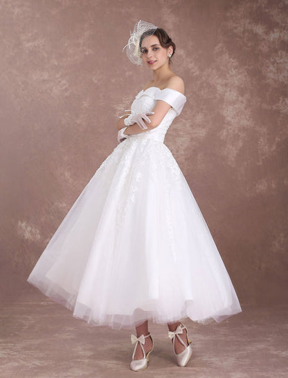 Short Wedding Dresses Off The Shoulder Vintage Bridal Dress 1950'S Lace Applique Tulle Tea Length Ivory Wedding Reception Dress