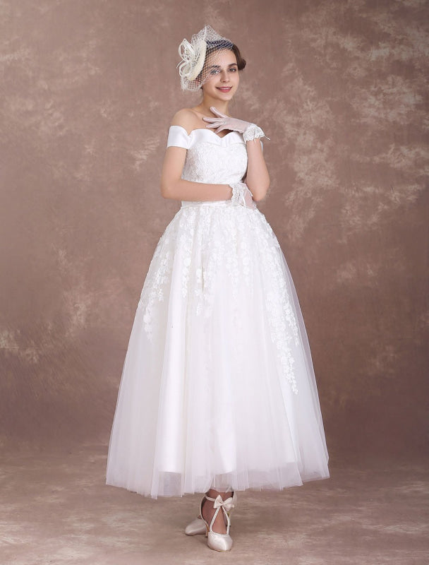 Short Wedding Dresses Off The Shoulder Vintage Bridal Dress 1950'S Lace Applique Tulle Tea Length Ivory Wedding Reception Dress