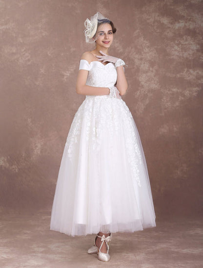 Short Wedding Dresses Off The Shoulder Vintage Bridal Dress 1950'S Lace Applique Tulle Tea Length Ivory Wedding Reception Dress