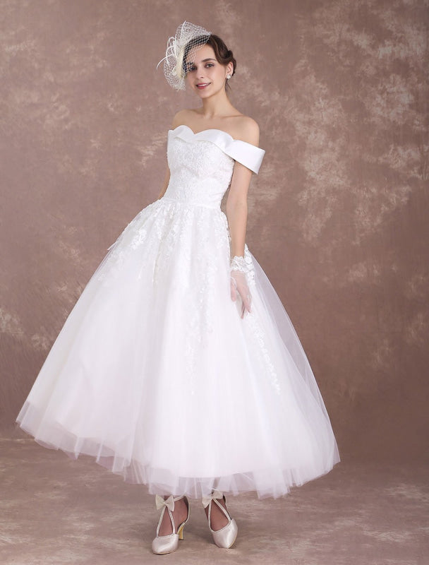 Short Wedding Dresses Off The Shoulder Vintage Bridal Dress 1950'S Lace Applique Tulle Tea Length Ivory Wedding Reception Dress