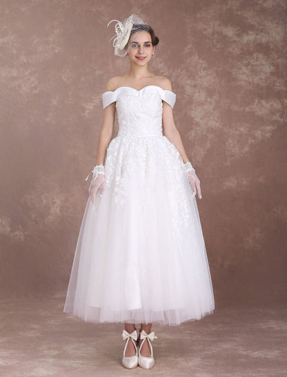 Short Wedding Dresses Off The Shoulder Vintage Bridal Dress 1950'S Lace Applique Tulle Tea Length Ivory Wedding Reception Dress