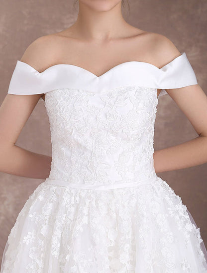 Short Wedding Dresses Off The Shoulder Vintage Bridal Dress 1950'S Lace Applique Tulle Tea Length Ivory Wedding Reception Dress