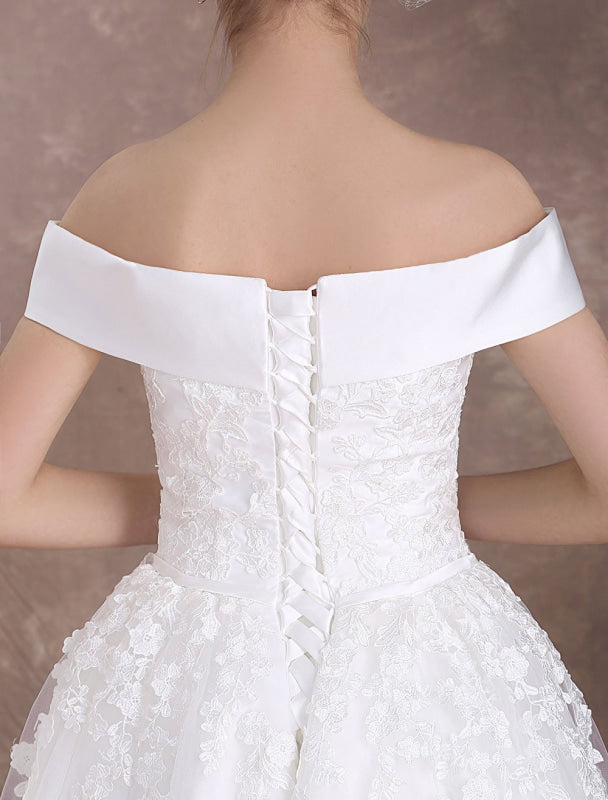 Short Wedding Dresses Off The Shoulder Vintage Bridal Dress 1950'S Lace Applique Tulle Tea Length Ivory Wedding Reception Dress
