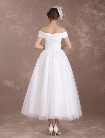 Short Wedding Dresses Off The Shoulder Vintage Bridal Dress 1950'S Lace Applique Tulle Tea Length Ivory Wedding Reception Dress