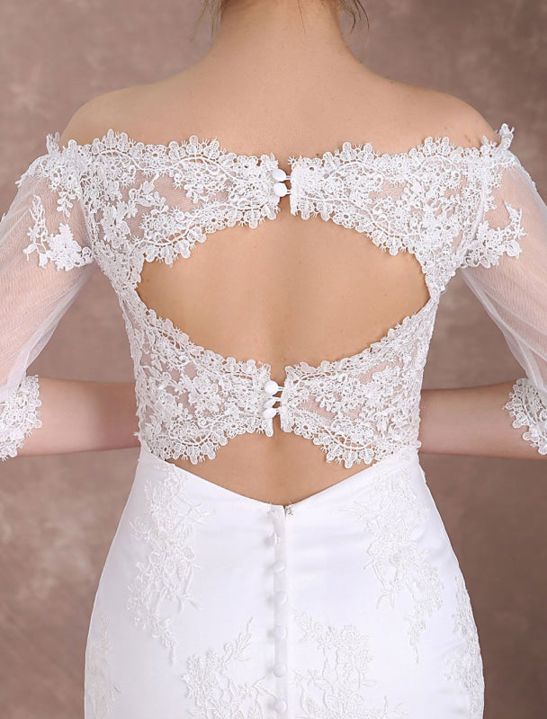 Short Wedding Dresses Sheath Lace Bridal Dress Ivory Off The Shoulder Half Sleeve Illusion Knee Length Column Wedding Reception Dress