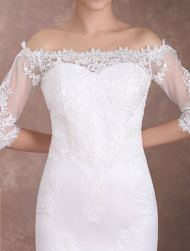 Short Wedding Dresses Sheath Lace Bridal Dress Ivory Off The Shoulder Half Sleeve Illusion Knee Length Column Wedding Reception Dress
