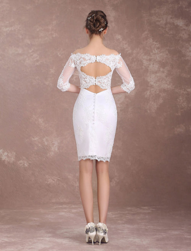 Short Wedding Dresses Sheath Lace Bridal Dress Ivory Off The Shoulder Half Sleeve Illusion Knee Length Column Wedding Reception Dress