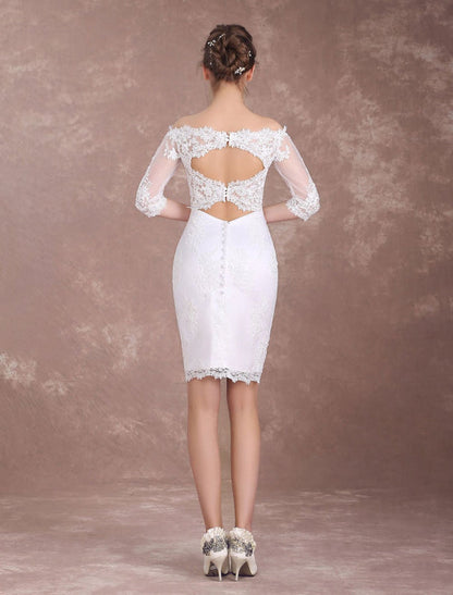 Short Wedding Dresses Sheath Lace Bridal Dress Ivory Off The Shoulder Half Sleeve Illusion Knee Length Column Wedding Reception Dress