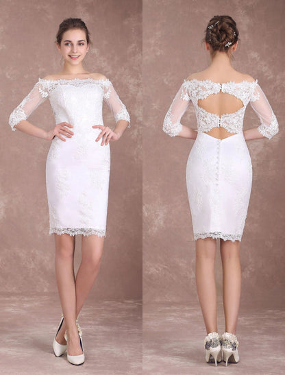 Short Wedding Dresses Sheath Lace Bridal Dress Ivory Off The Shoulder Half Sleeve Illusion Knee Length Column Wedding Reception Dress
