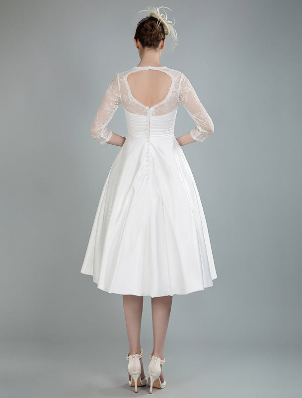 Short Wedding Dresses V Neck 3/4 Sleeves A Line Tea Length Bridal Dresses