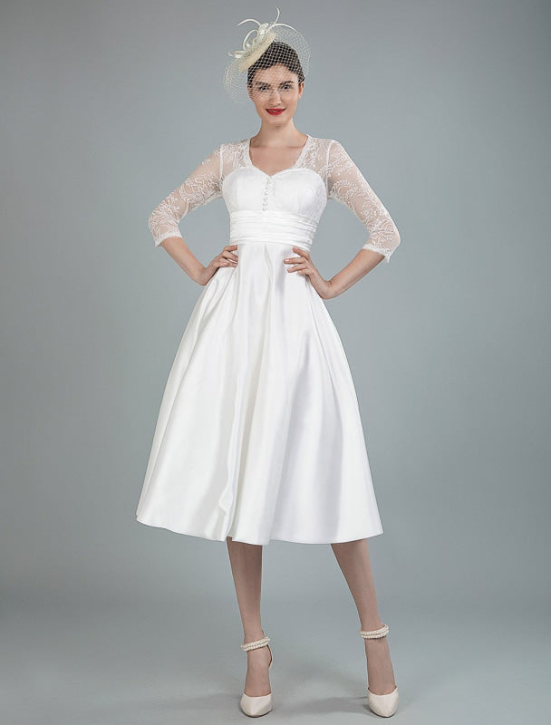 Short Wedding Dresses V Neck 3/4 Sleeves A Line Tea Length Bridal Dresses