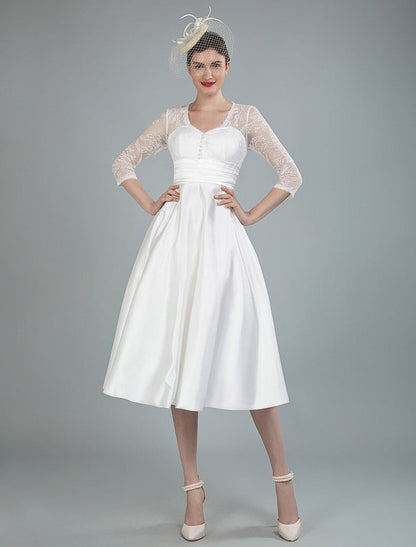 Short Wedding Dresses V Neck 3/4 Sleeves A Line Tea Length Bridal Dresses