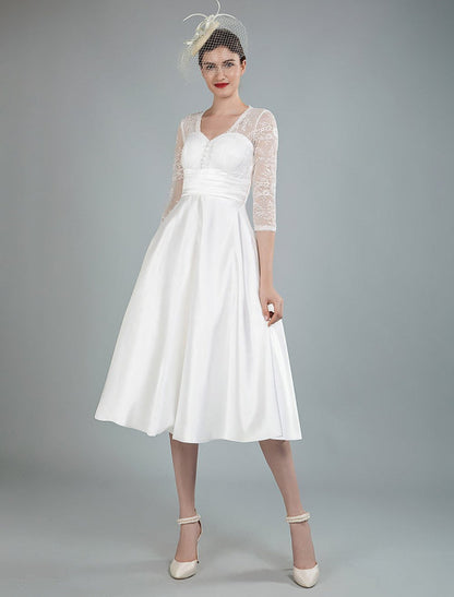 Short Wedding Dresses V Neck 3/4 Sleeves A Line Tea Length Bridal Dresses