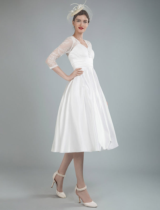 Short Wedding Dresses V Neck 3/4 Sleeves A Line Tea Length Bridal Dresses