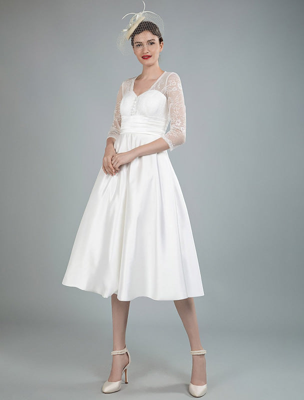 Short Wedding Dresses V Neck 3/4 Sleeves A Line Tea Length Bridal Dresses
