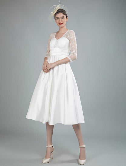 Short Wedding Dresses V Neck 3/4 Sleeves A Line Tea Length Bridal Dresses