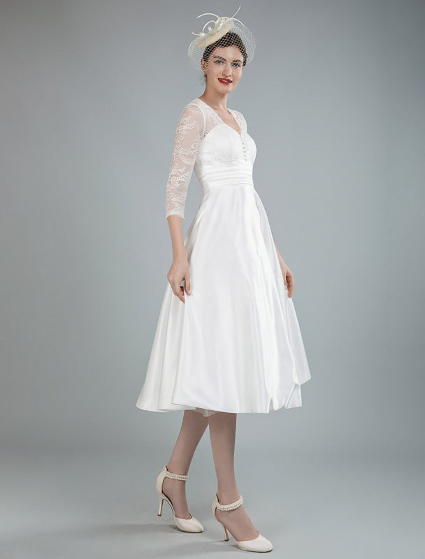 Short Wedding Dresses V Neck 3/4 Sleeves A Line Tea Length Bridal Dresses