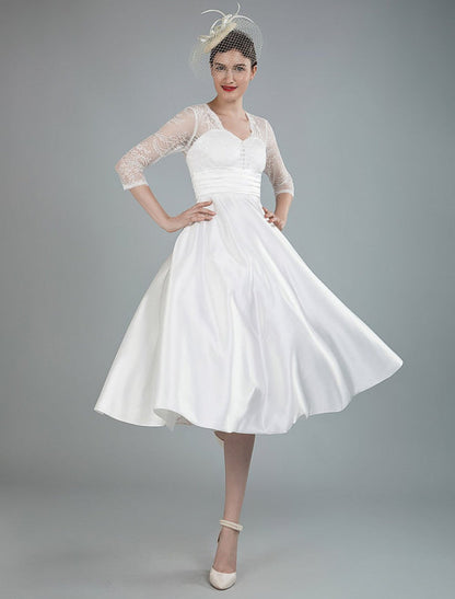 Short Wedding Dresses V Neck 3/4 Sleeves A Line Tea Length Bridal Dresses