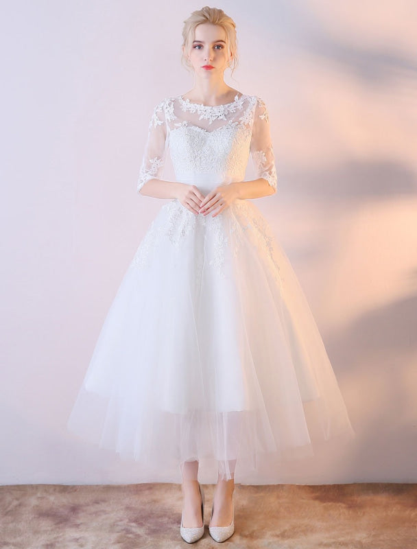 Short Wedding Dresses White Half Sleeve Lace Applique Tea Length Bridal Dress