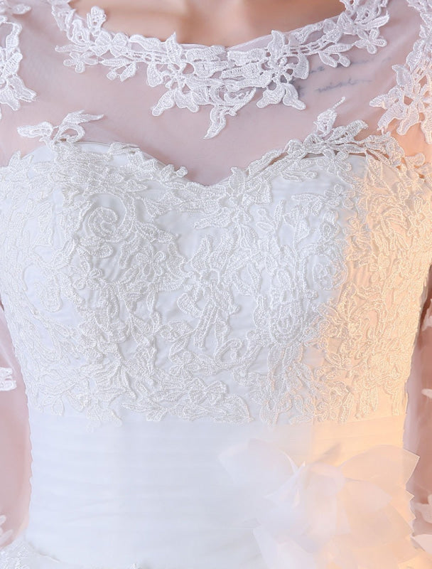 Short Wedding Dresses White Half Sleeve Lace Applique Tea Length Bridal Dress