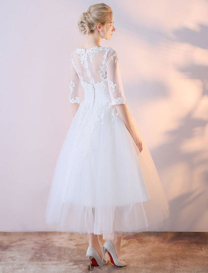 Short Wedding Dresses White Half Sleeve Lace Applique Tea Length Bridal Dress