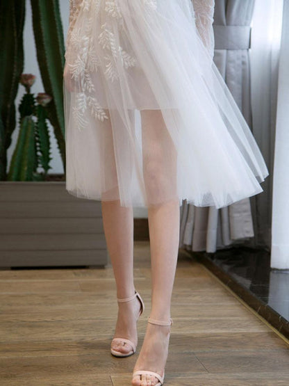 Short Wedding Dresses White Lace Long Sleeve Illusion Tea Length Bridal Dress