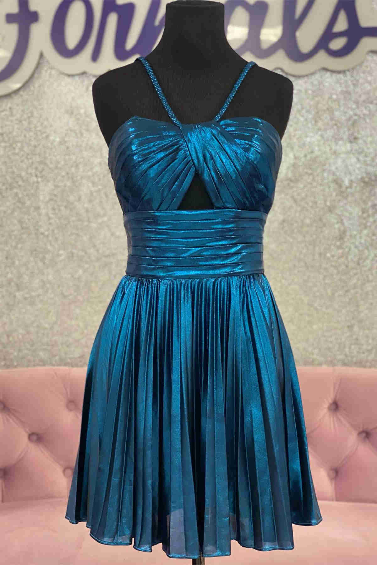 Halter Champagne Metallic Keyhole Pleated A-Line Cocktail Dress