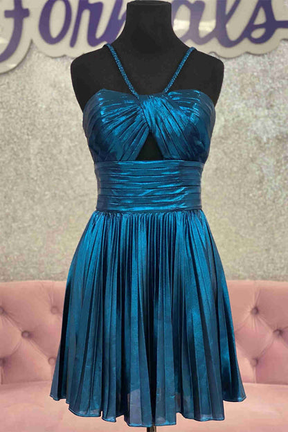 Halter Champagne Metallic Keyhole Pleated A-Line Cocktail Dress