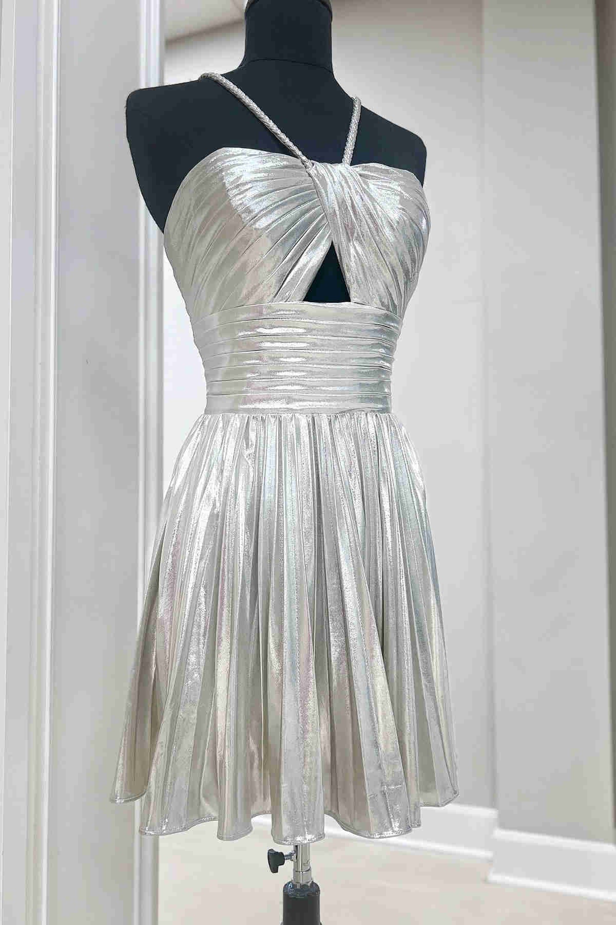 Halter Champagne Metallic Keyhole Pleated A-Line Cocktail Dress
