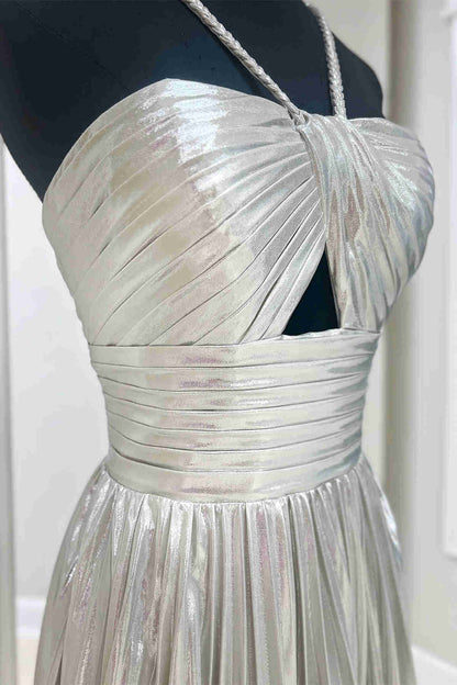 Halter Champagne Metallic Keyhole Pleated A-Line Cocktail Dress