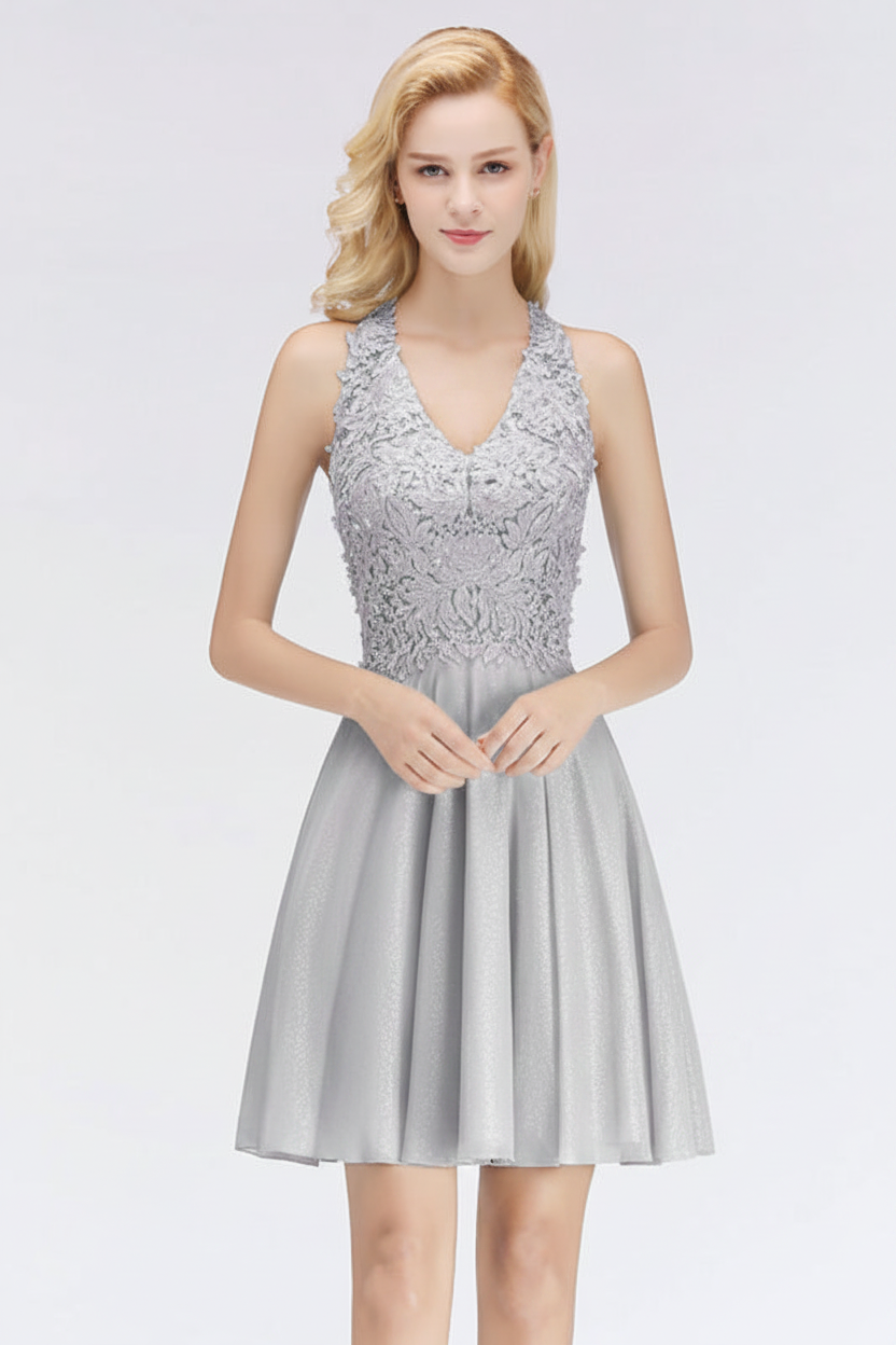 V-Neck Knee Length Floral Lace Birdesmaid Dresses