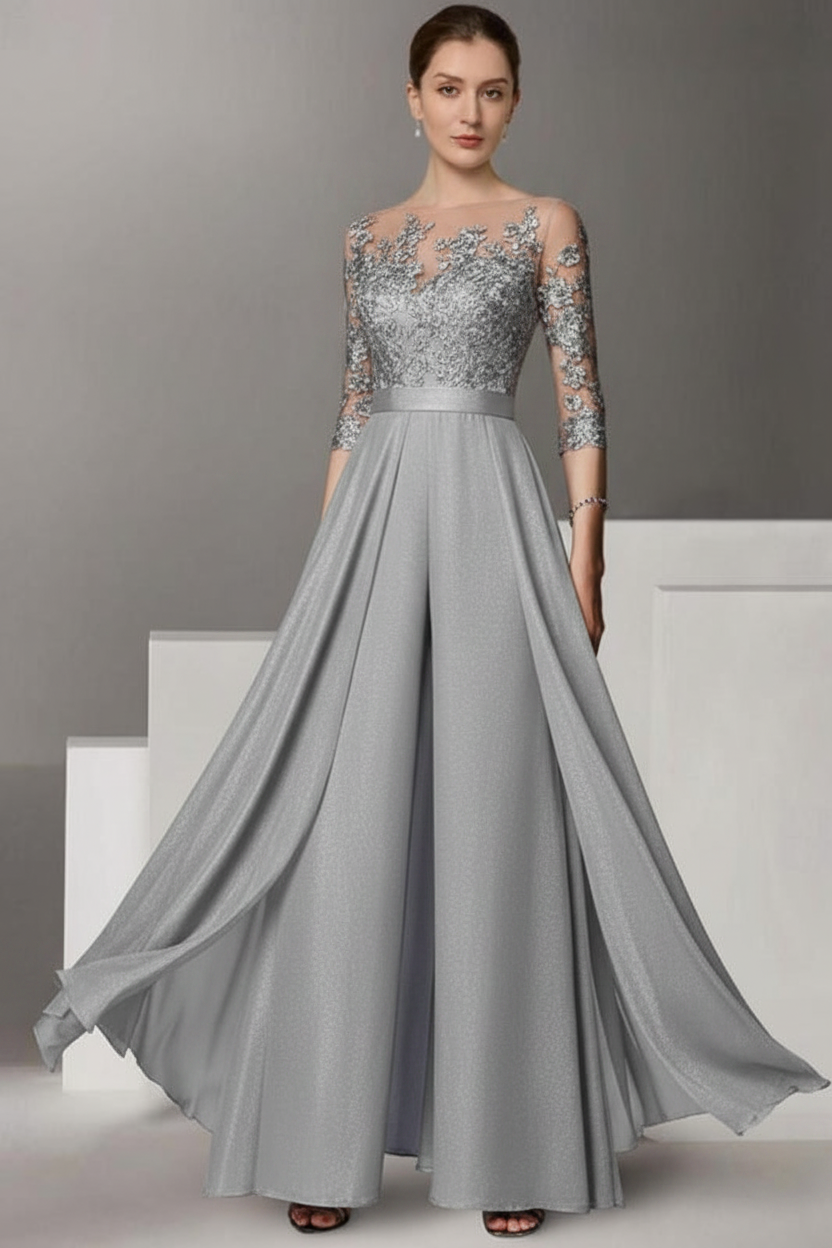 Half Sleeves Chiffon Mother of Bride Jumpsuit with Appliques