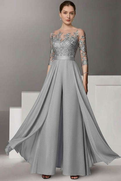 Half Sleeves Chiffon Mother of Bride Jumpsuit with Appliques