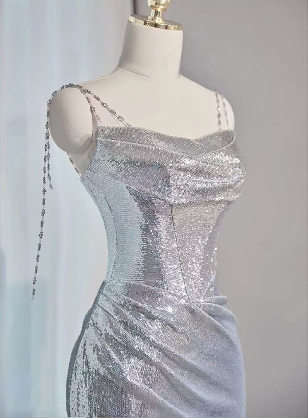 Silver Mermaid Style Prom Dresses Sequin Long Holiday Dress Party
