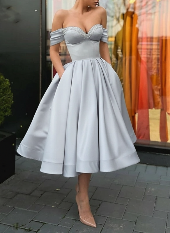 Off Shoulder Satin Tea Length Prom Dresses Sequins Pink Formal Graduation Evening Dresses