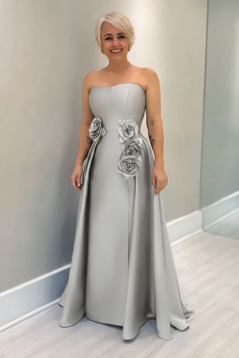 Dusty Blue Satin Mother of the Bride Dress Strapless with Flowers