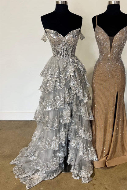 Off the Shoulder Lace Applique Ruffle Prom Dress with Slit