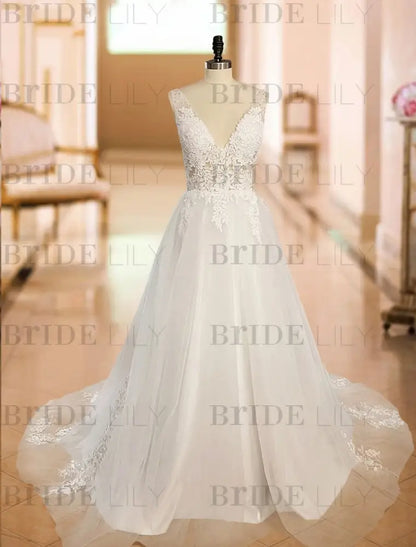 Simple A Line V Neck Wedding Dress Sleeveless Lace Appliqued Tulle Bridal Gown