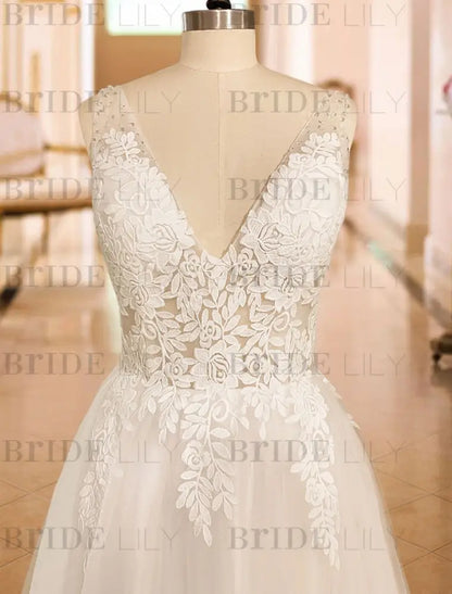 Simple A Line V Neck Wedding Dress Sleeveless Lace Appliqued Tulle Bridal Gown