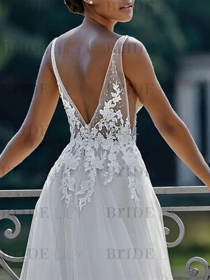 Simple A Line V Neck Wedding Dress Sleeveless Lace Appliqued Tulle Bridal Gown