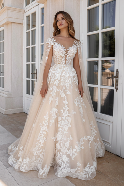 Simple Lace A-Line Wedding Dresses Sweetheart Tulle Appliques Bridal Dress with Cape