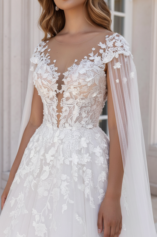 Simple Lace A-Line Wedding Dresses Sweetheart Tulle Appliques Bridal Dress with Cape