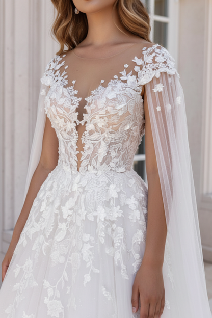 Simple Lace A-Line Wedding Dresses Sweetheart Tulle Appliques Bridal Dress with Cape