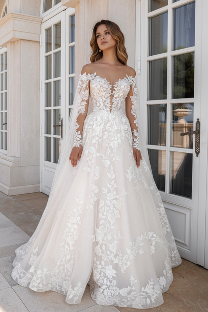 Simple Lace A-Line Wedding Dresses Sweetheart Tulle Appliques Bridal Dress with Cape