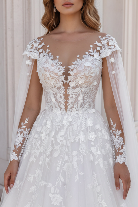 Simple Lace A-Line Wedding Dresses Sweetheart Tulle Appliques Bridal Dress with Cape