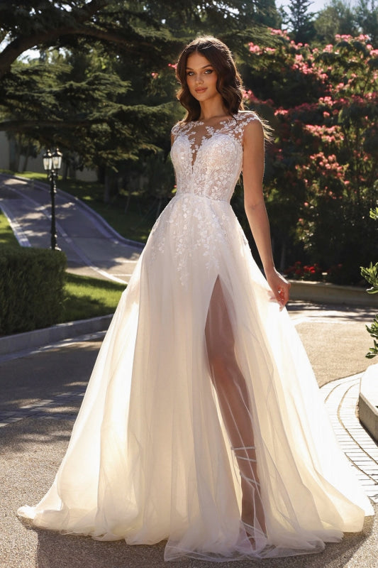 Simple Lace Aline Wedding Dress with Front Slit Sleeveless Bateau Neck Tulle Bridal Dress