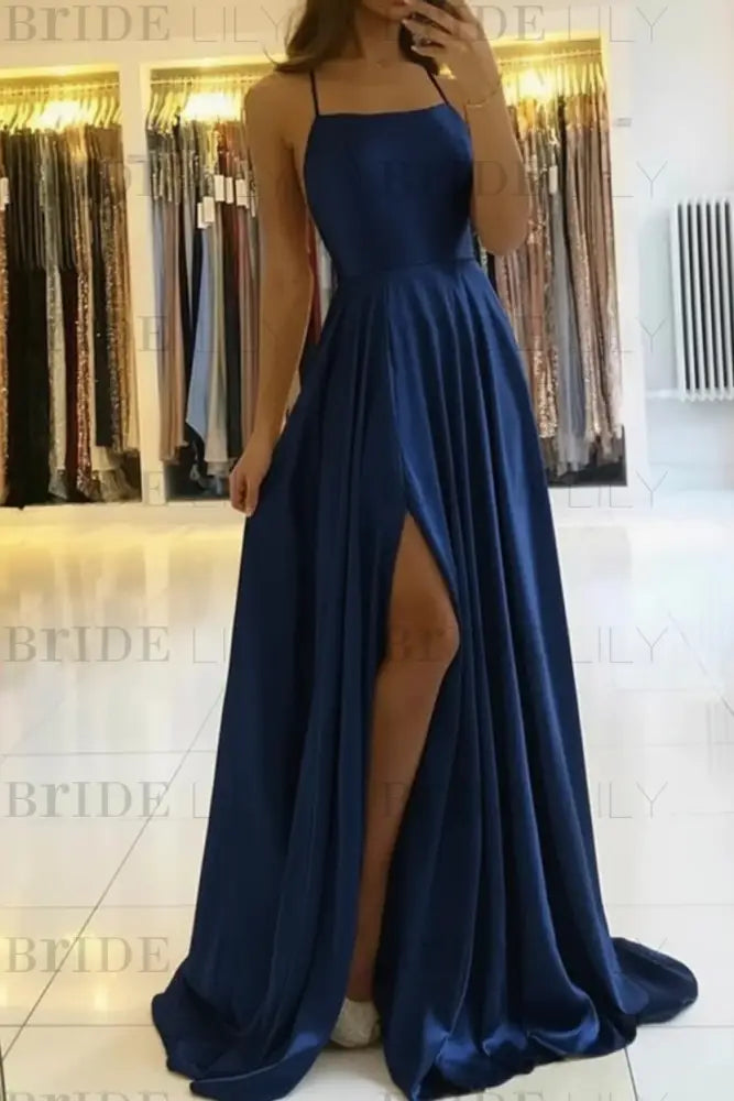 Simple Prom Dress Long With Spaghetti Straps Front Slit Satin Evening Dress