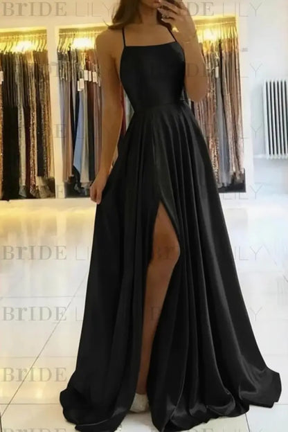 Simple Prom Dress Long With Spaghetti Straps Front Slit Satin Evening Dress